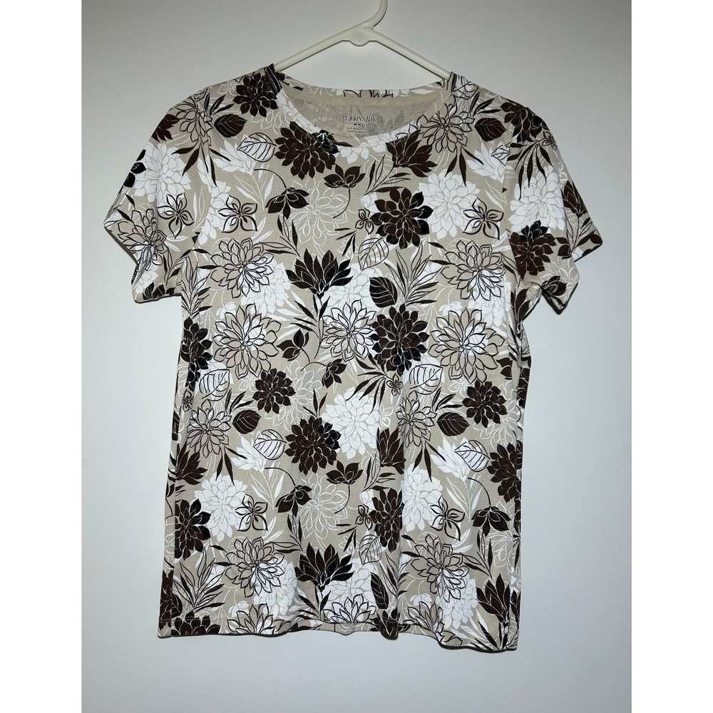 St John's Bay Brown Floral Top Tee Shirt Cotton Stretch Women's M